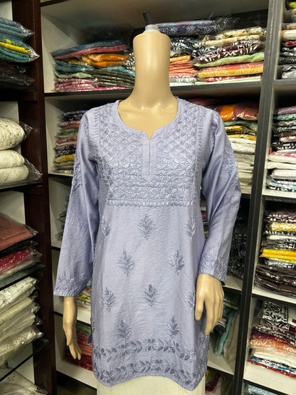 Lucknowi Chikankari Grey 'Dhoondhla' Chanderi Short Kurti-T30017