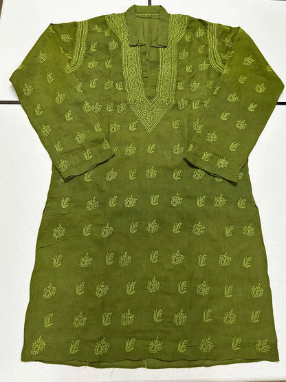 Lucknowi Chikankari Green 'Bahar' Cotton Gents Kurta-GK00002