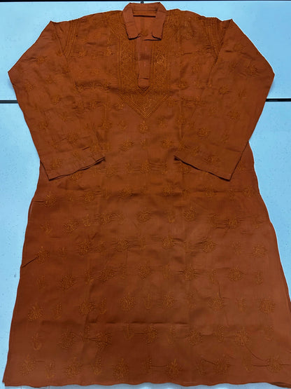Lucknowi Chikankari Orange 'Narangi' Cotton Gents Kurta-GK00001