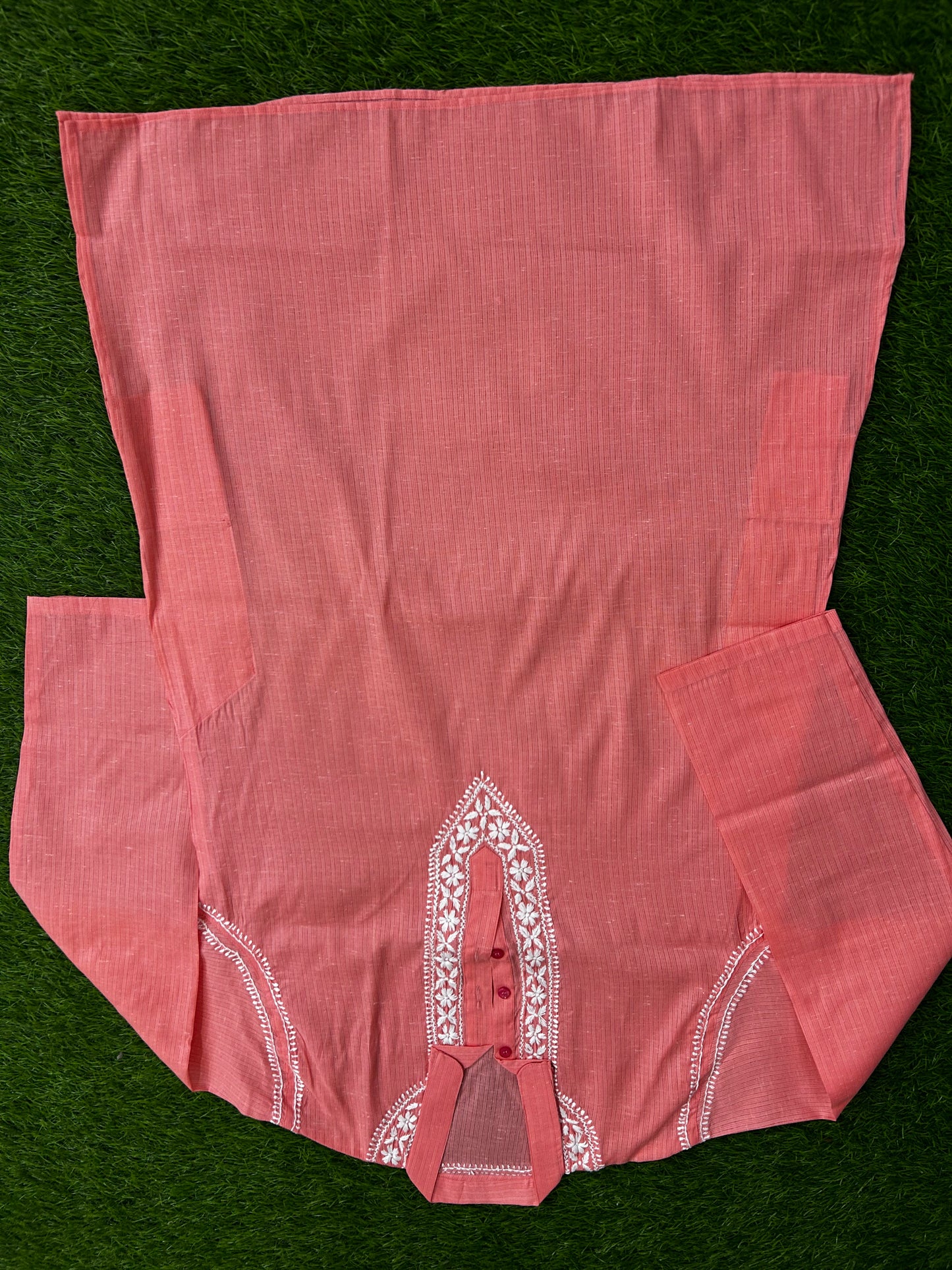 Lucknowi Chikankari Peach 'Aarooi' Cotton Gents Kurta-GK00030