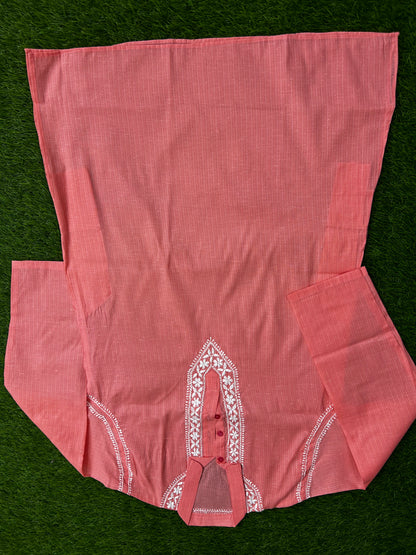Lucknowi Chikankari Peach 'Aarooi' Cotton Gents Kurta-GK00030