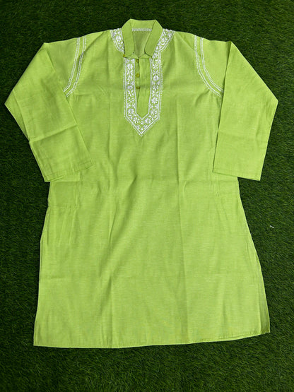 Lucknowi Chikankari Green 'Bahar' Cotton Gents Kurta-GK40004