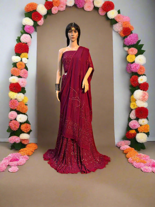 Lucknowi Chikankari Wine Viscose Lehenga-Blouse-Dupatta-PF200002