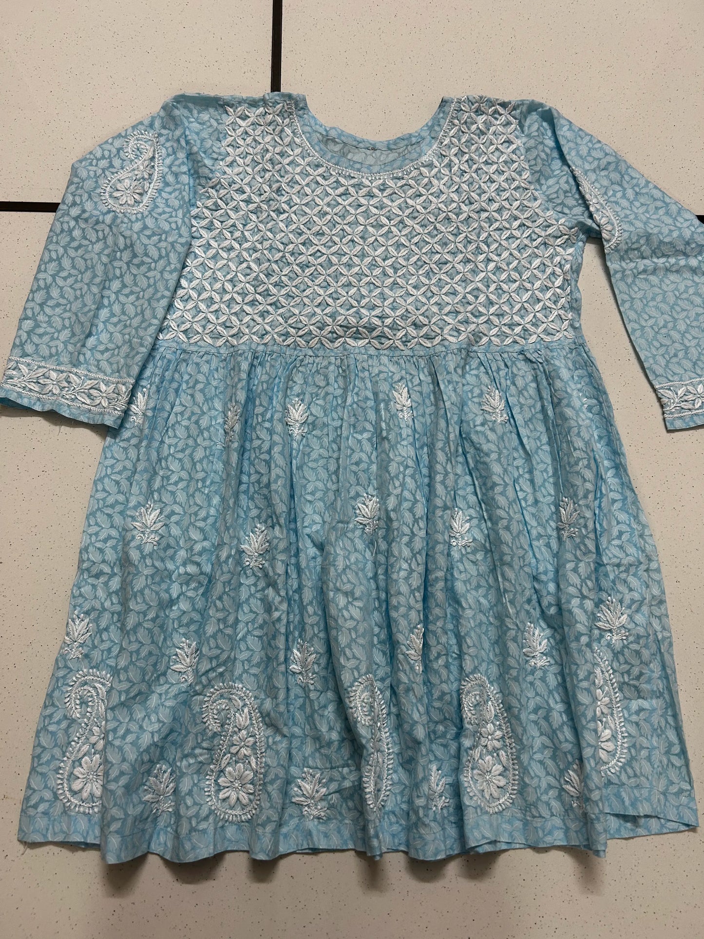 Lucknowi Chikankari Sky Blue 'Aab-e-Asmaan' Printed Cotton Short Kurti-T000017