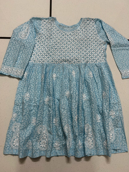 Lucknowi Chikankari Sky Blue 'Aab-e-Asmaan' Printed Cotton Short Kurti-T000017