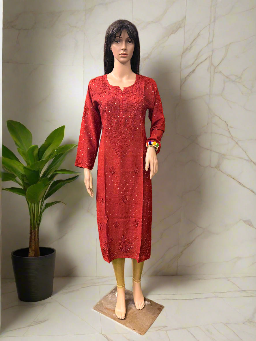 Lucknowi Chikankari Maroon Chanderi Kurti-K000037