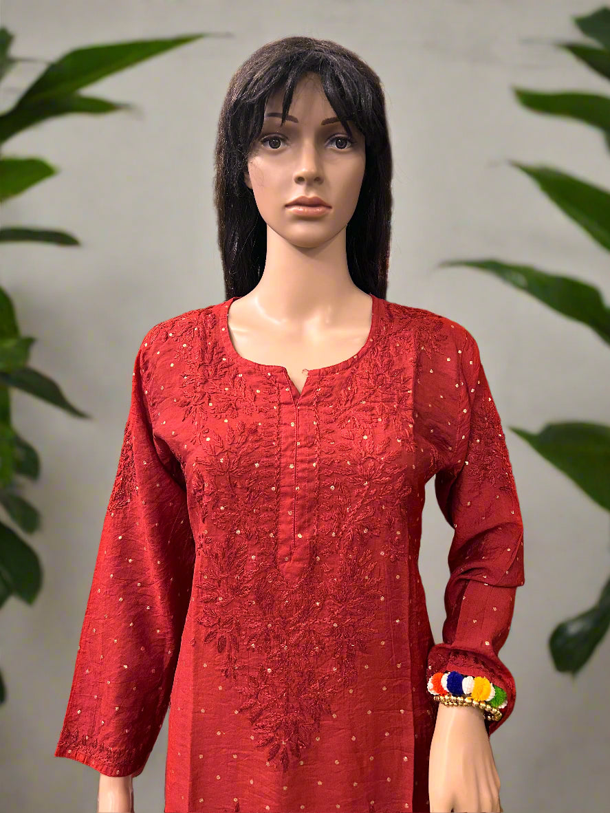 Lucknowi Chikankari Maroon Chanderi Kurti-K000037