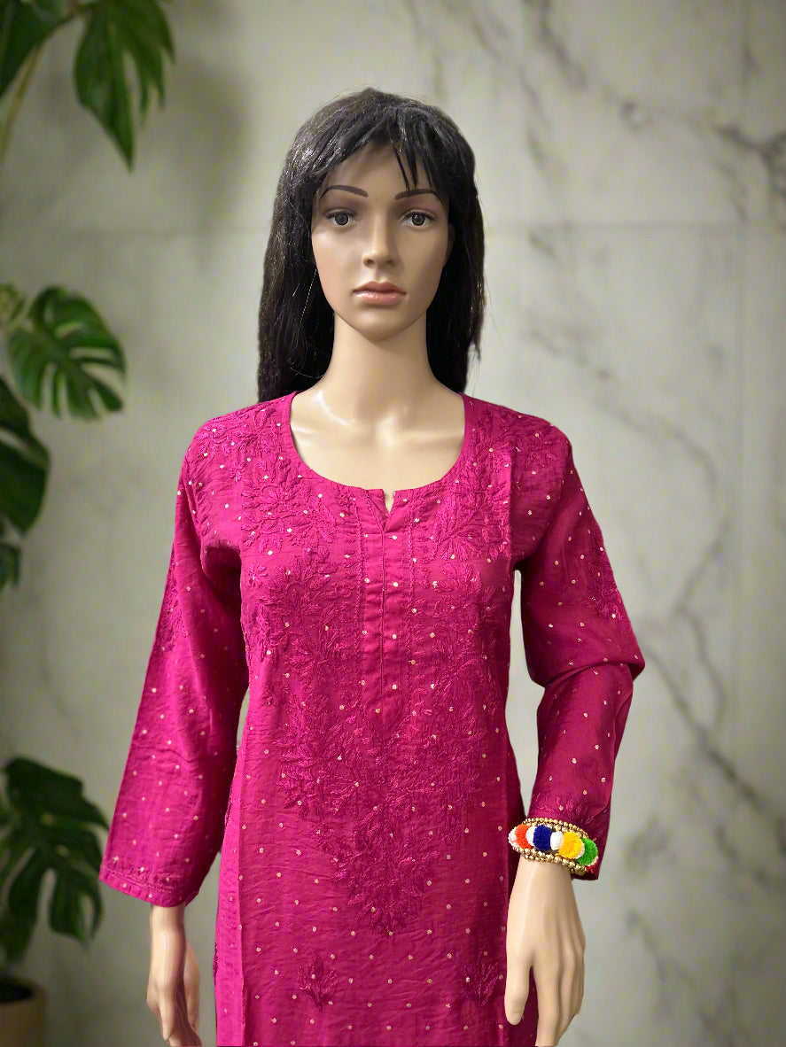 Lucknowi Chikankari Magenta Chanderi Kurti-K000036