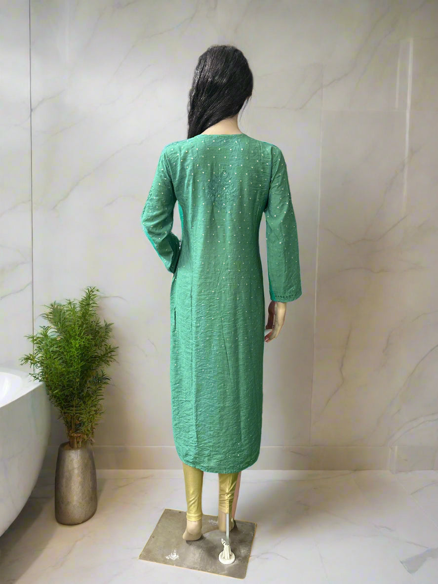 Lucknowi Chikankari Green Chanderi Kurti-K000032