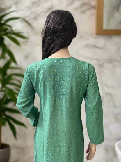 Lucknowi Chikankari Green Chanderi Kurti-K000032