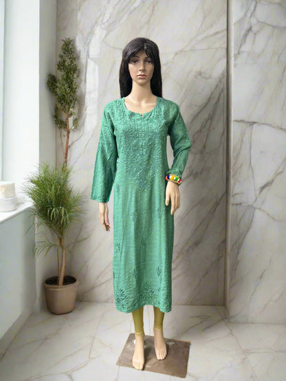 Lucknowi Chikankari Green Chanderi Kurti-K000032