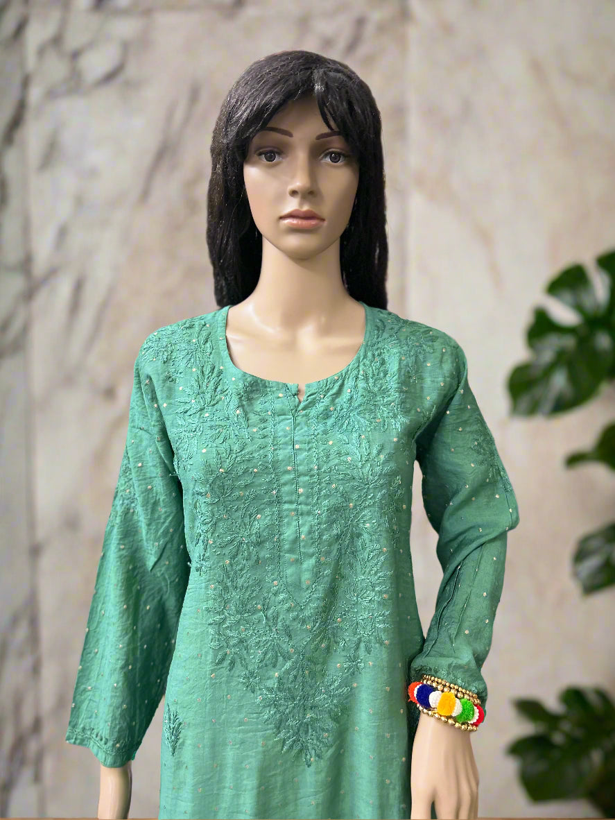 Lucknowi Chikankari Green Chanderi Kurti-K000032