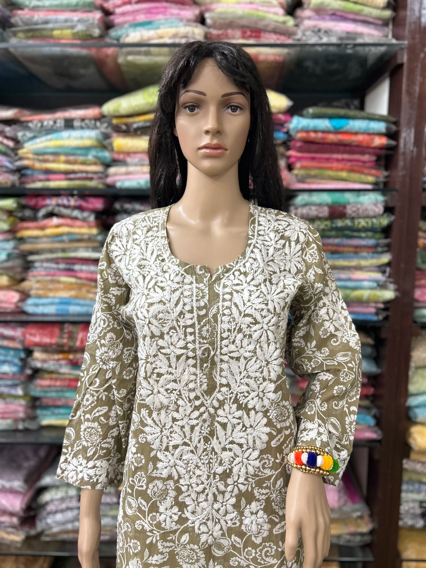 Lucknowi Chikankari Sage Green 'Bahar' Printed Cotton Kurti-K000078