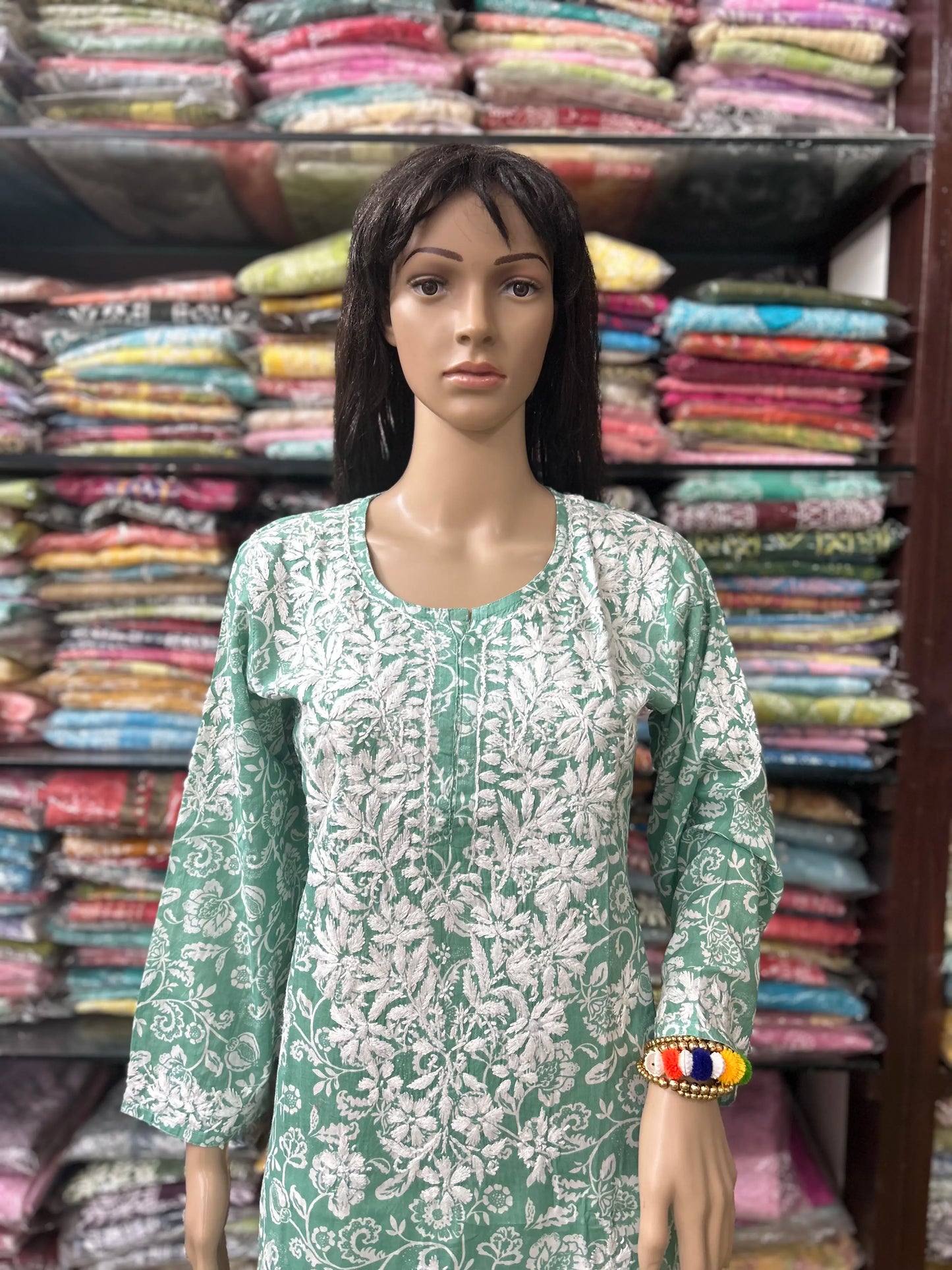 Lucknowi Chikankari Green 'Bahar' Printed Cotton Kurti-K000080