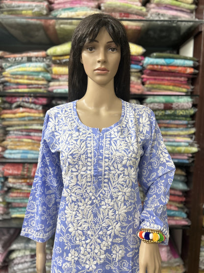 Lucknowi Chikankari Purple 'Jamuni' Printed Cotton Kurti-K000081