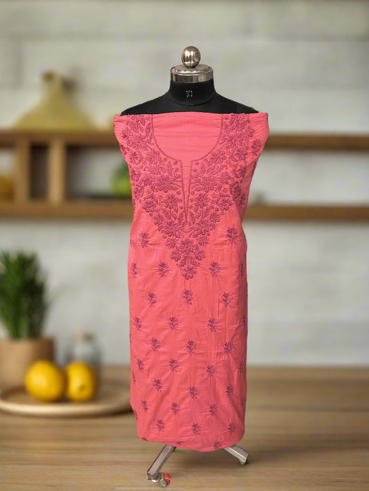 Lucknowi Chikankari Unstitched Coral Pink Cotton Kurta-Bottom Fabric-U20015