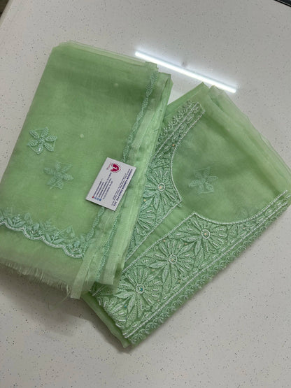 Lucknowi Chikankari Unstitched Green 'Bahar' Organza Kurta-Dupatta Fabric-PG400078