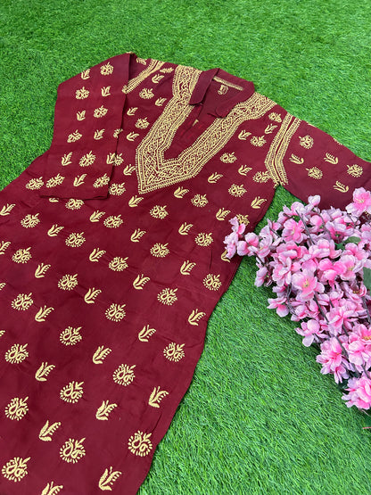 Lucknowi Chikankari Maroon Cotton Gents Kurta-GK00003