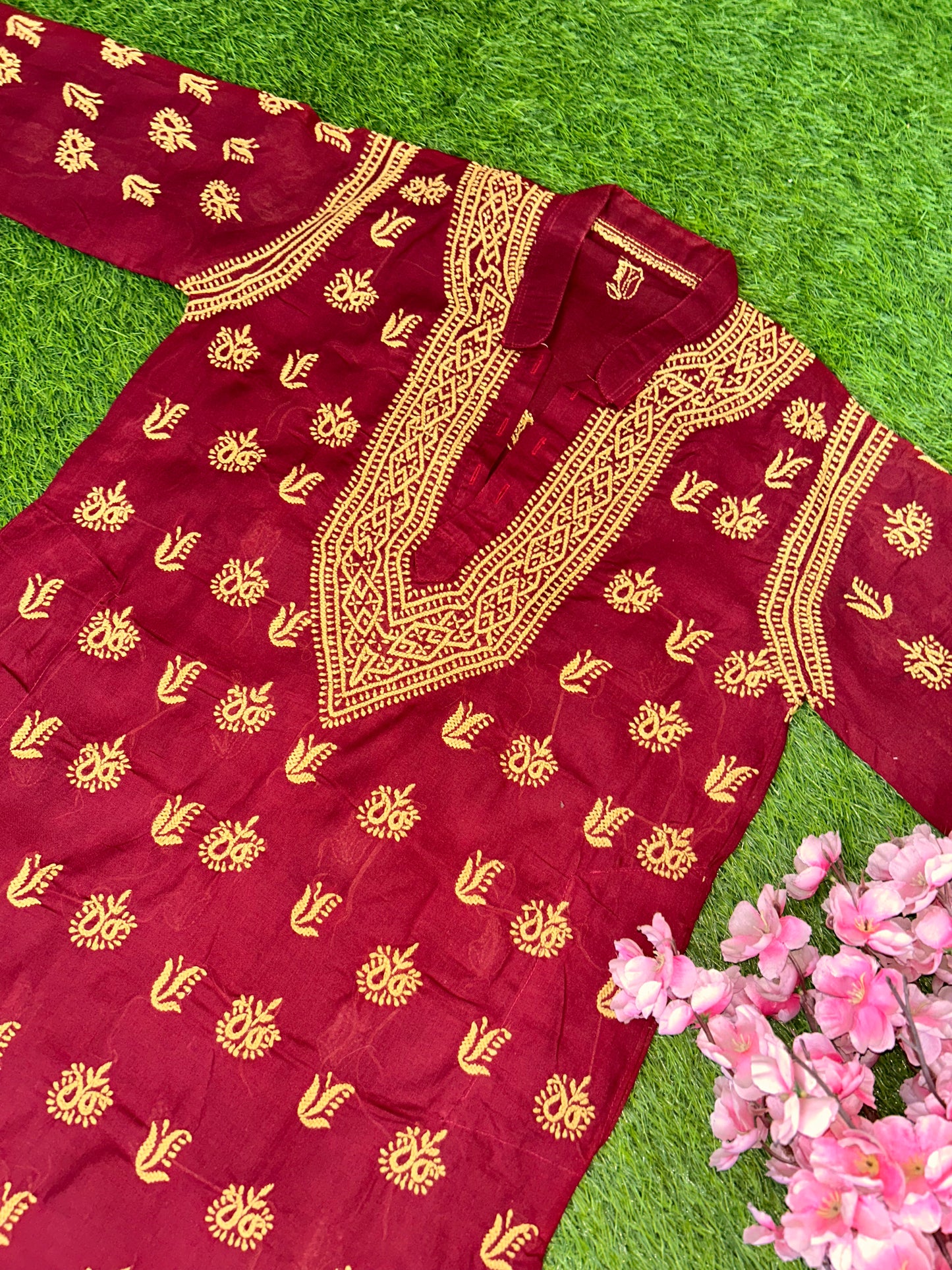 Lucknowi Chikankari Maroon Cotton Gents Kurta-GK00003