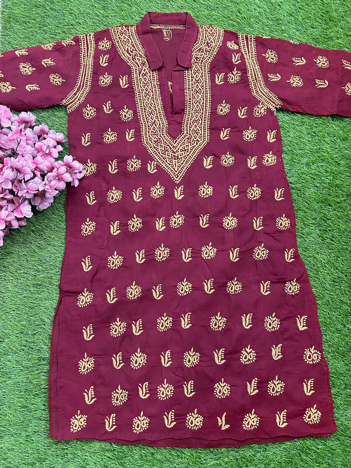 Lucknowi Chikankari Maroon Cotton Gents Kurta-GK00003