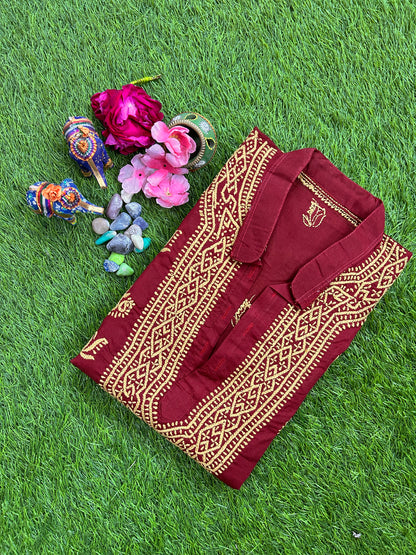 Lucknowi Chikankari Maroon Cotton Gents Kurta-GK00003