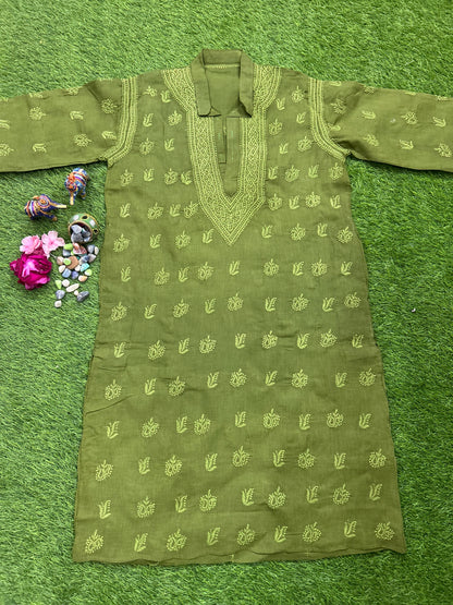 Lucknowi Chikankari Green Cotton Gents Kurta-GK00002