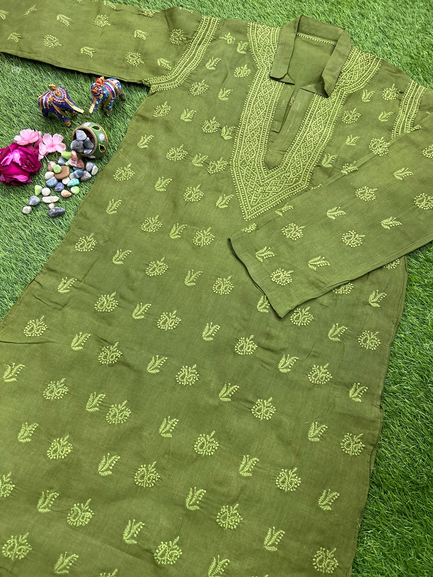 Lucknowi Chikankari Green Cotton Gents Kurta-GK00002