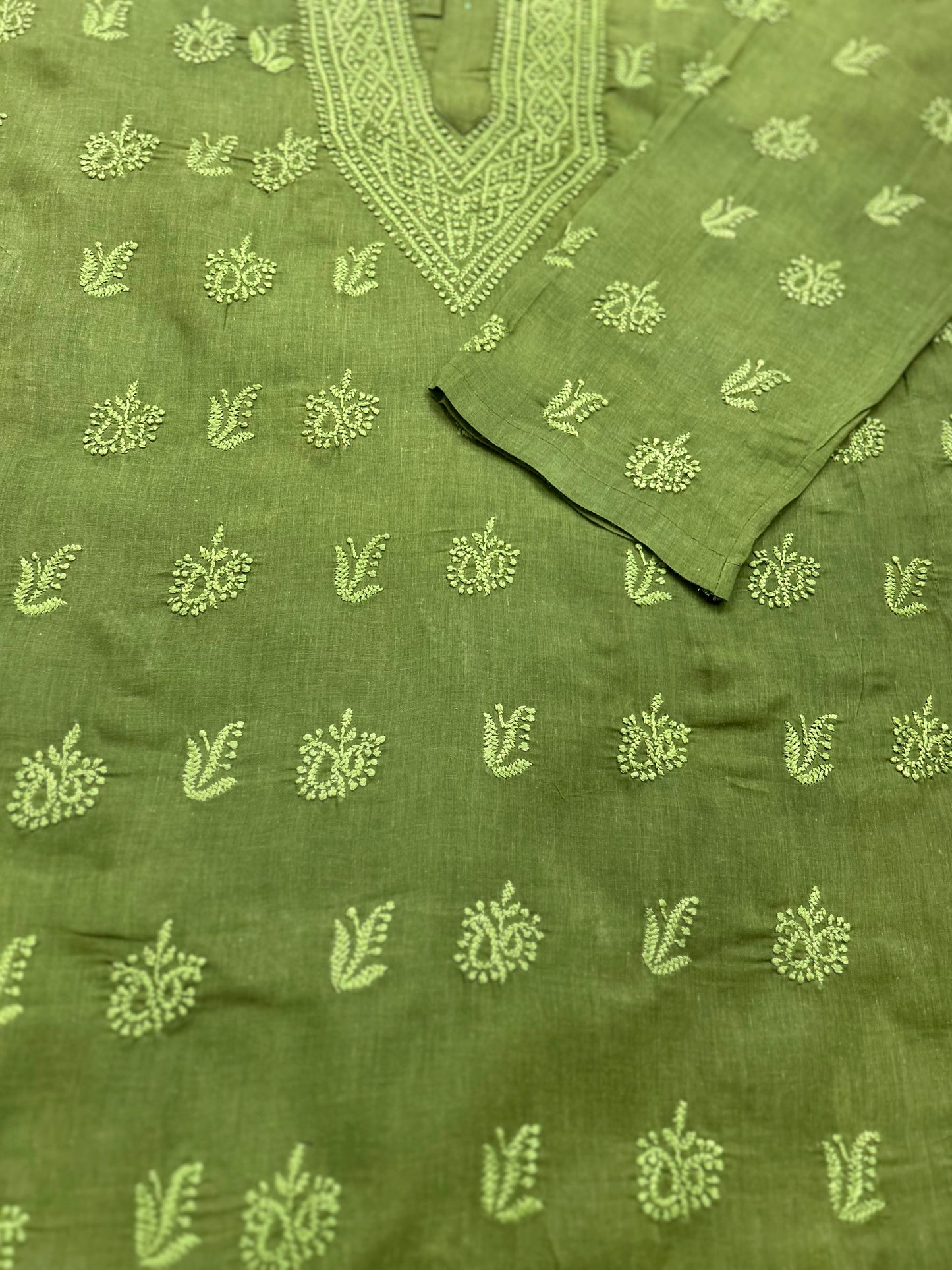 Lucknowi Chikankari Green Cotton Gents Kurta-GK00002