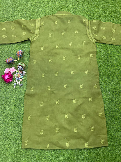 Lucknowi Chikankari Green Cotton Gents Kurta-GK00002