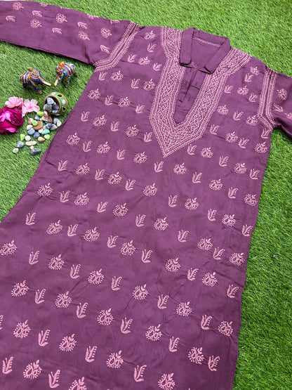 Lucknowi Chikankari Mauve Cotton Gents Kurta-GK00004