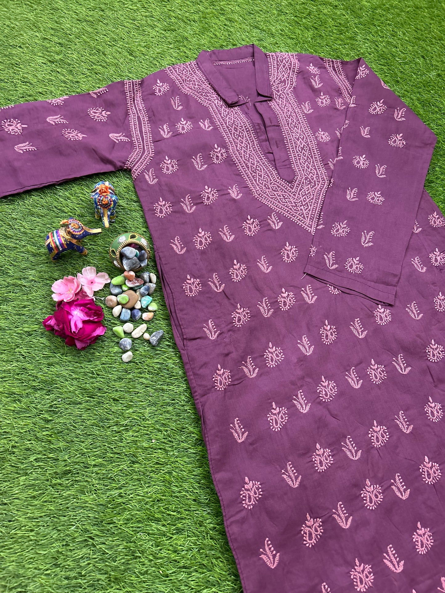 Lucknowi Chikankari Mauve Cotton Gents Kurta-GK00004