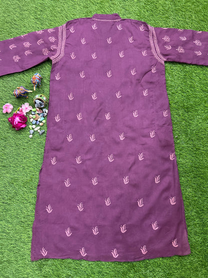 Lucknowi Chikankari Mauve Cotton Gents Kurta-GK00004