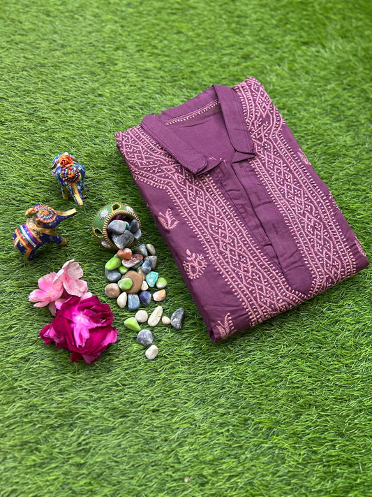 Lucknowi Chikankari Mauve Cotton Gents Kurta-GK00004