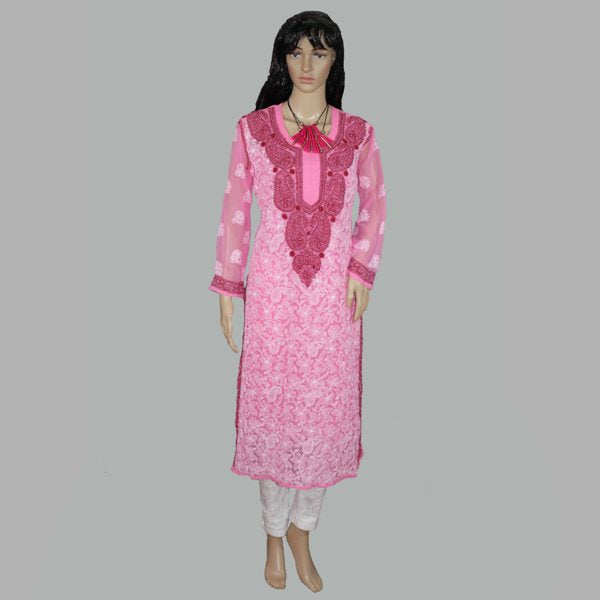 Lucknowi Chikankari Pink 'Shagufta' Georgette Kurti-K40001