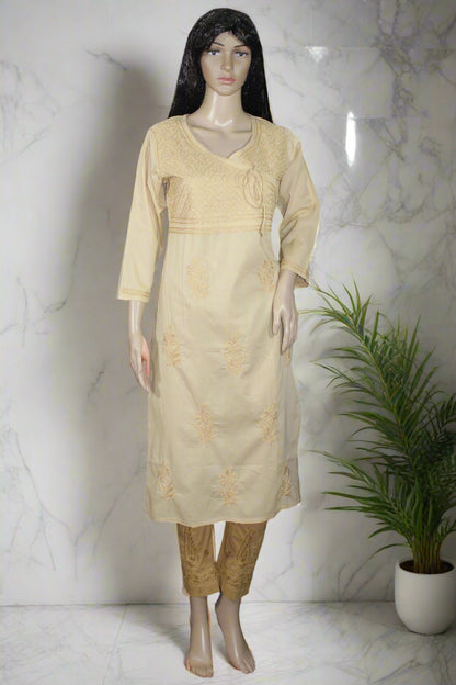 Lucknowi Chikankari Fawn Cotton Angrakha-K40010