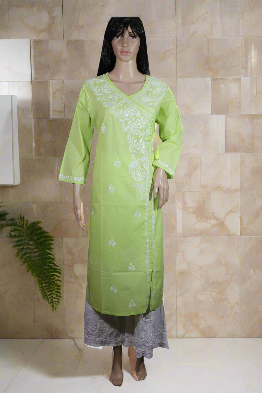 Lucknowi Chikankari Green Cotton Angrakha-K50013