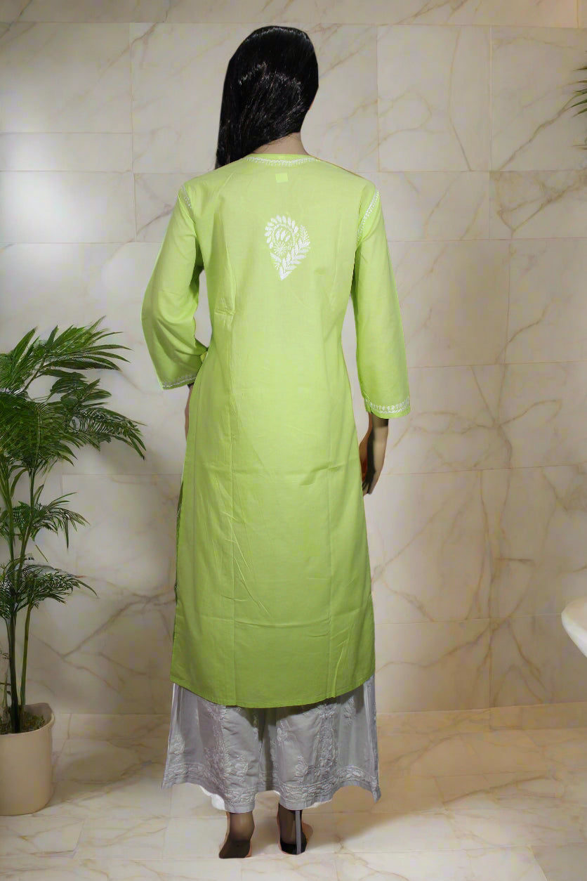 Lucknowi Chikankari Green Cotton Angrakha-K50013