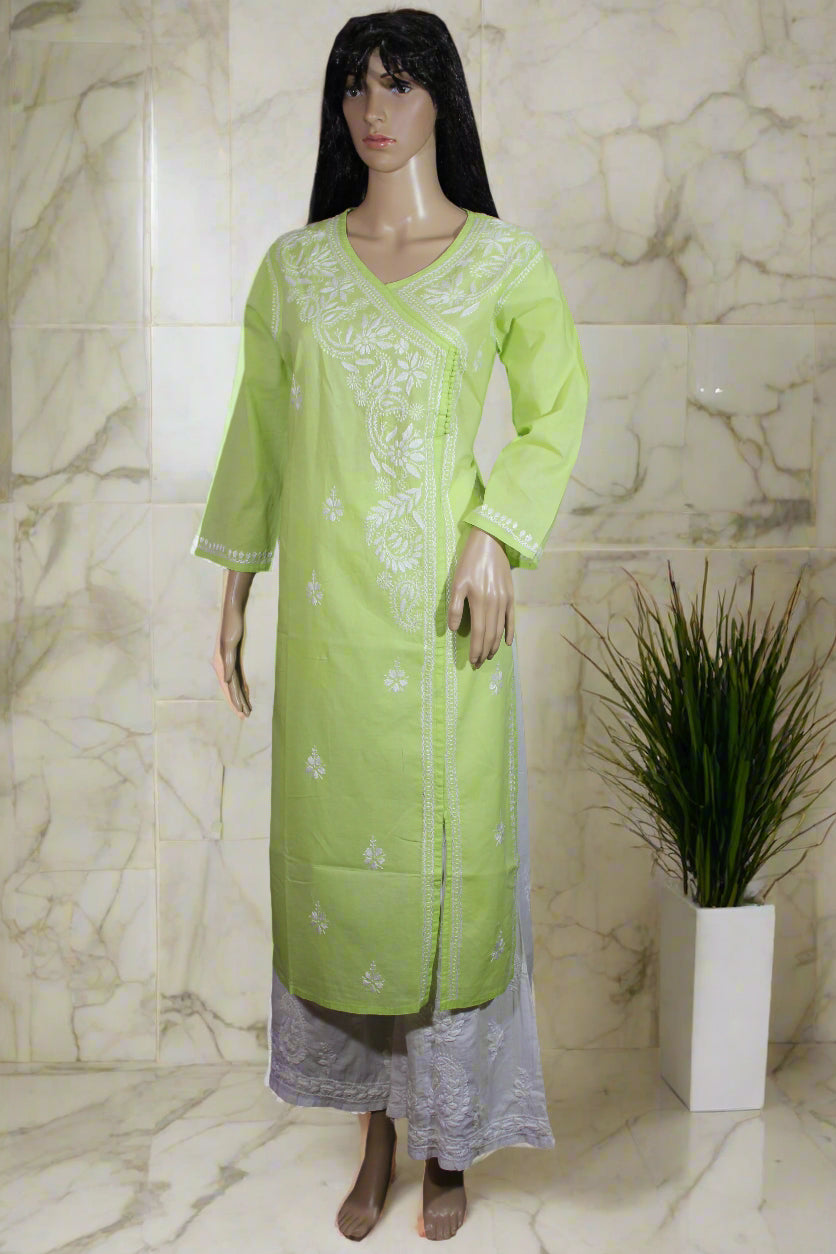 Lucknowi Chikankari Green Cotton Angrakha-K50013