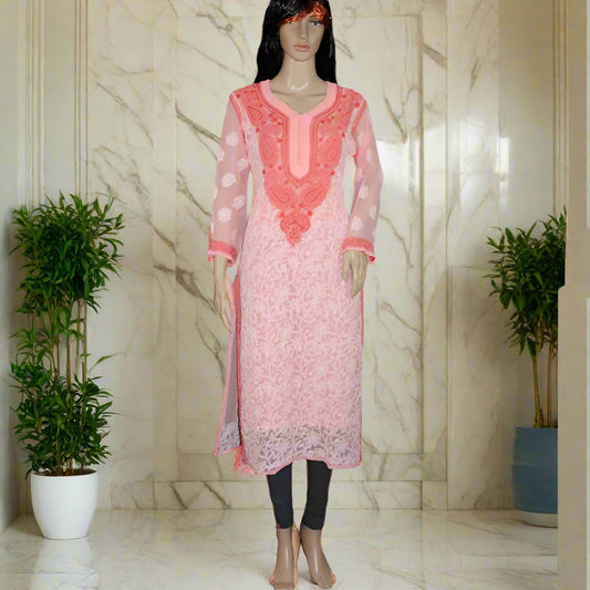 Lucknowi Chikankari Peach Georgette Kurti-K30001