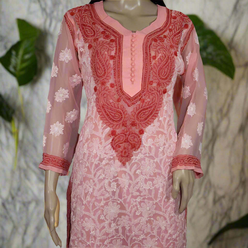 Lucknowi Chikankari Peach Georgette Kurti-K30001