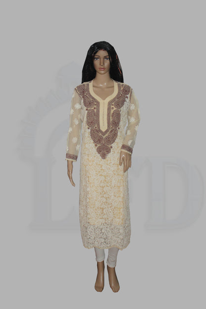 Lucknowi Chikankari Fawn 'Karimi' Georgette Kurti-K50004