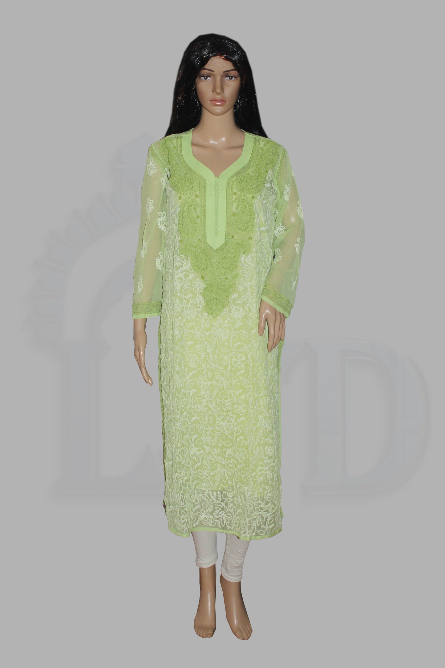 Lucknowi Chikankari Green 'Bahar' Georgette Kurti-K50008