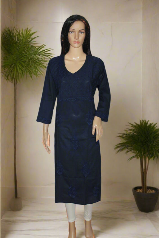 Lucknowi Chikankari Navy Blue Cotton Angrakha-K50009