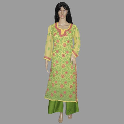 Lucknowi Chikankari Yellow 'Sunehri' Georgette Kurti-K30022