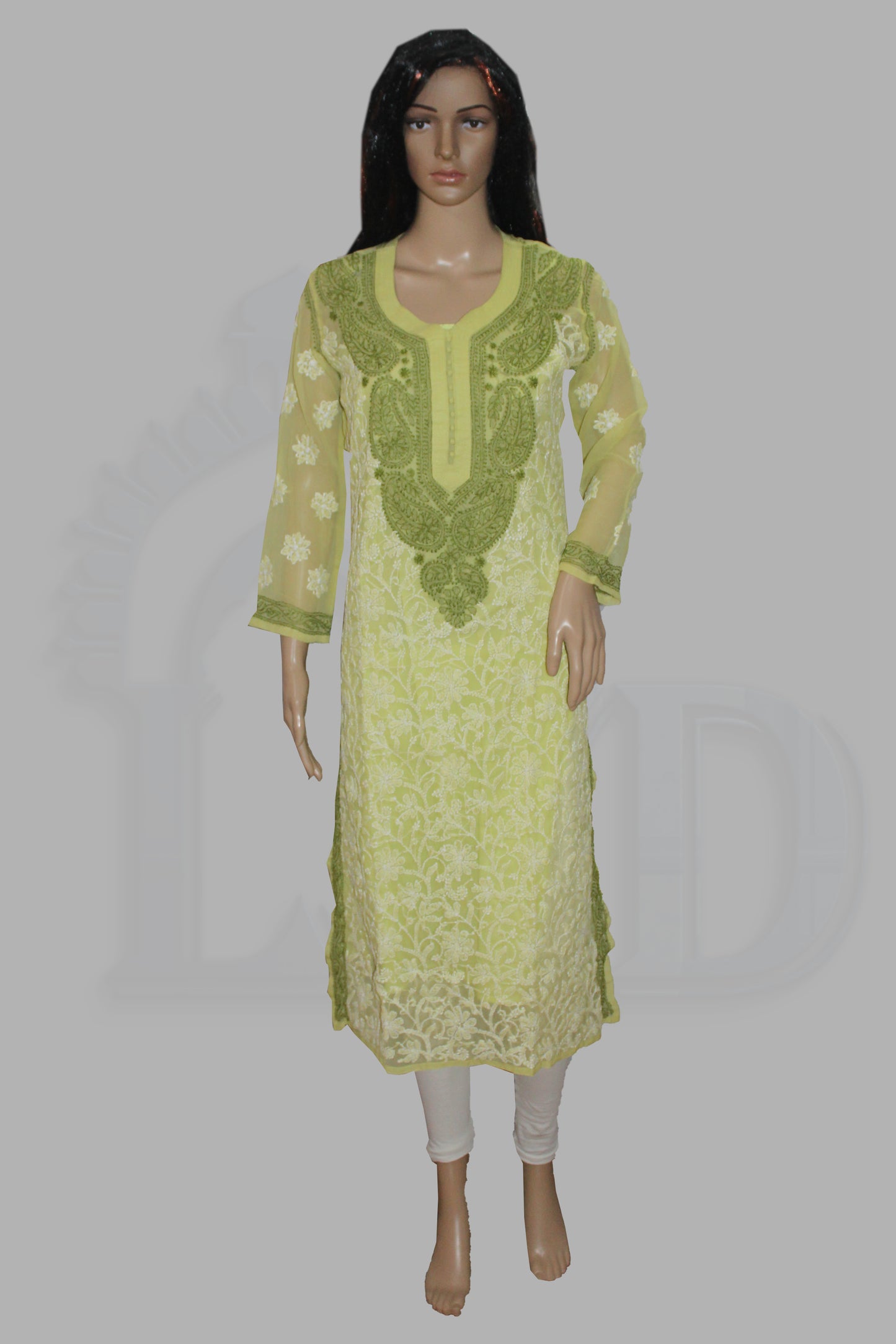 Lucknowi Chikankari Green 'Bahar' Georgette Kurti-K40012