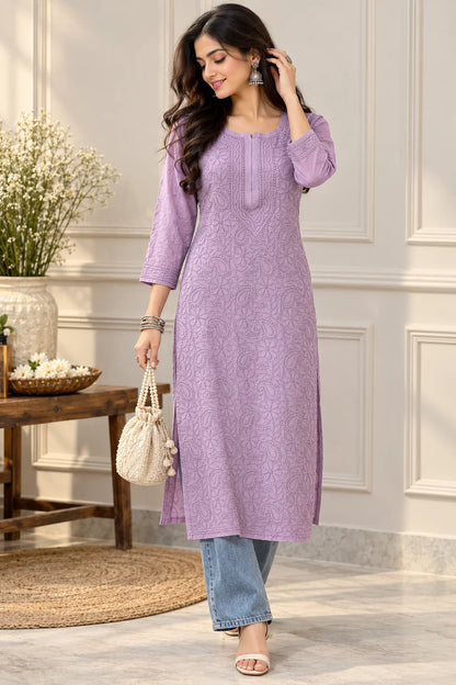 Lucknowi Chikankari Women's Mauve 'Jamuni' Viscose Kurta