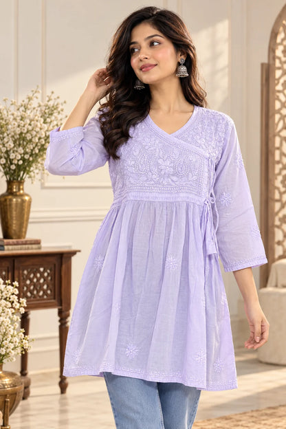 Lucknowi Chikankari Women Lavender 'Jamuni' Cotton Angrakha Styled Short Kurti