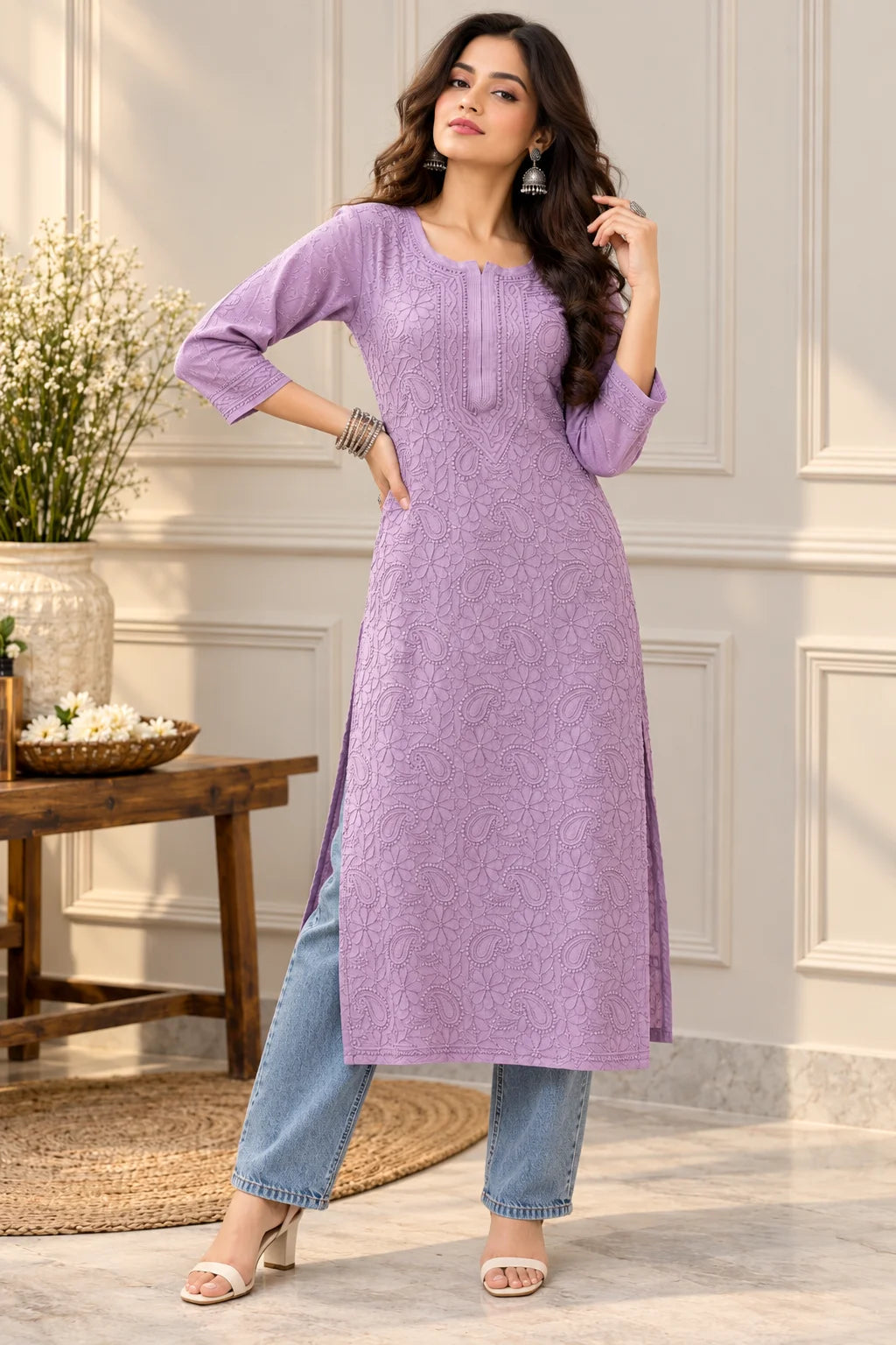 Lucknowi Chikankari Women's Mauve 'Jamuni' Viscose Kurta