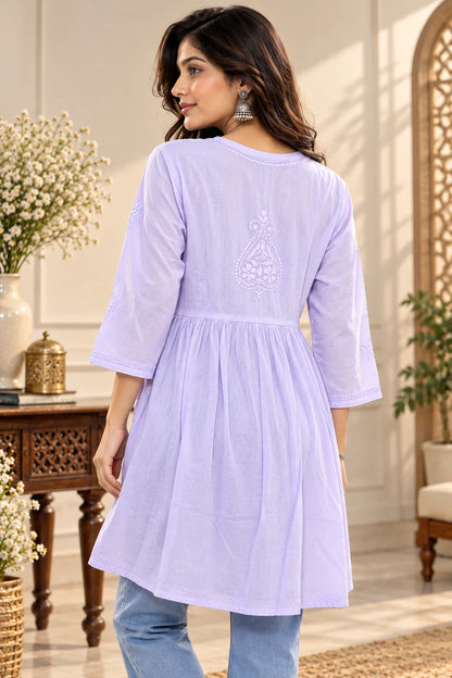 Lucknowi Chikankari Women Lavender 'Jamuni' Cotton Angrakha Styled Short Kurti