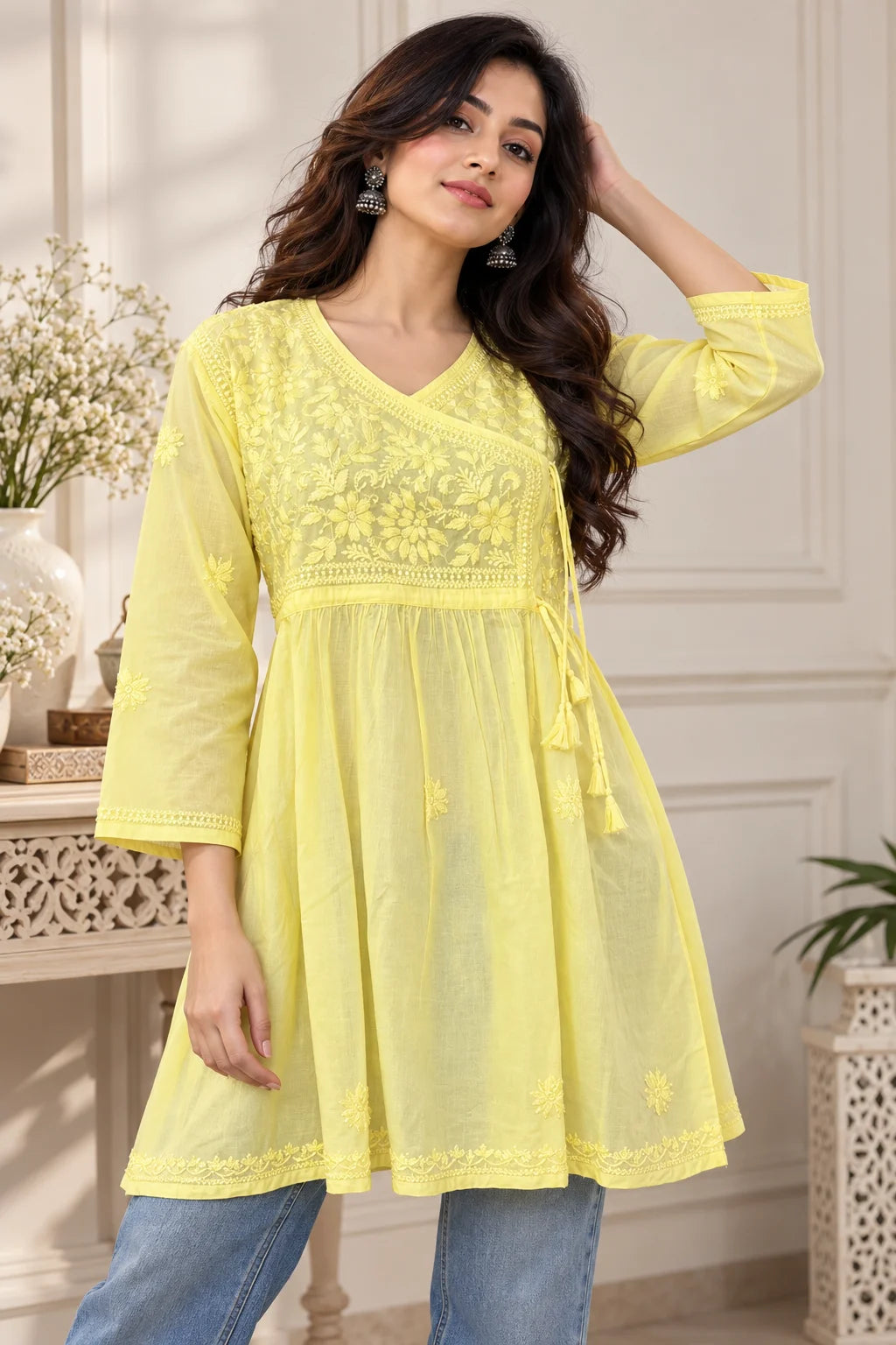 Lucknowi Chikankari Women Yellow 'Sunehri' Cotton Angrakha Styled Short Kurti